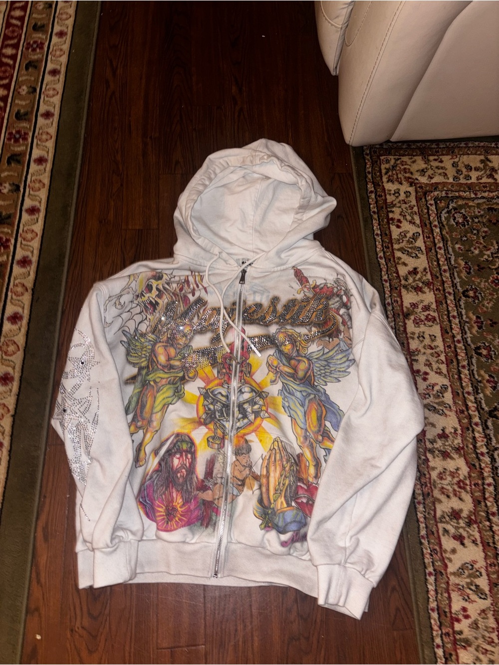 White Graphic Zip-Up Hoodie Jacket with Angel Motif